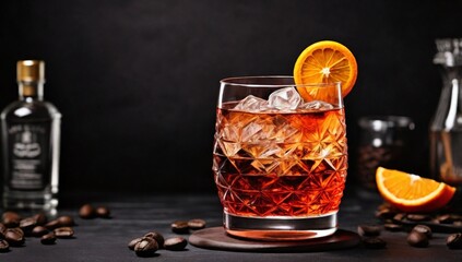Coffee negroni red cocktail drink with dry gin, vermouth and bitter, espresso, liqueur, orange and ice. Black bar counter background