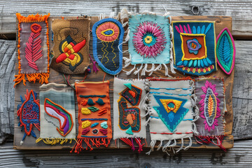Obraz premium Colorful Handmade Embroidery Patches On A Wooden Background