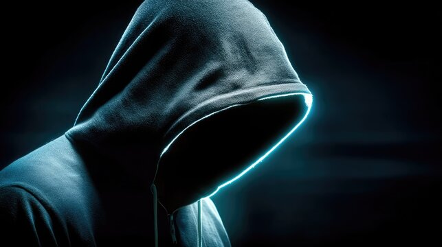 Hacker illuminated by glowing screen reflections dark environment digital art concept close-up view