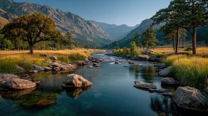 Fototapeta premium Tranquil river flowing through majestic mountains serene nature landscape daytime scene