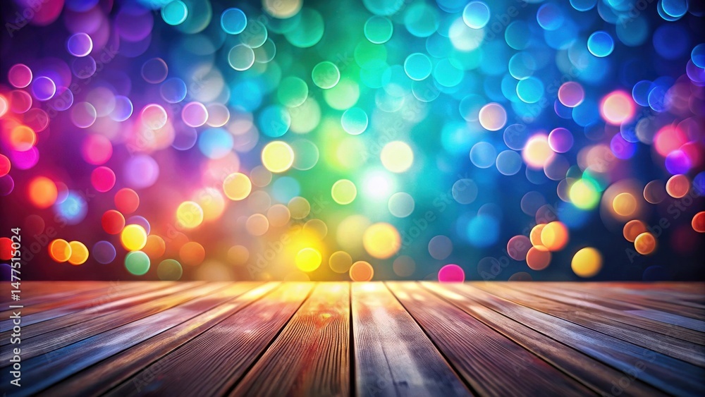 Poster vibrant bokeh lights illuminate a rustic wooden surface, perfect for showcasing products or creating