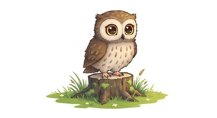 Naklejka premium Cute cartoon owl illustration on stump
