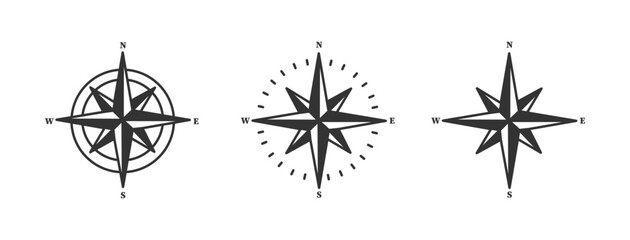 Navigation, terrain orientation or direction. Compass icons set. Compass rose sign. Star icon navigation. Northern Star