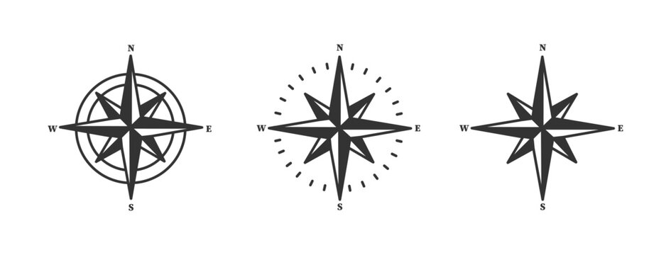Navigation, terrain orientation or direction. Compass icons set. Compass rose sign. Star icon navigation. Northern Star