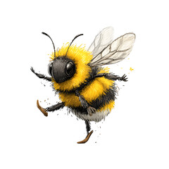 A cartoon bee trying to balance on one leg like a ballerina, wings fluttering, isolated with white background.