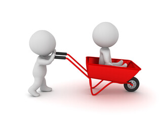 3D Character pushing a wheelbarrow with another character in it