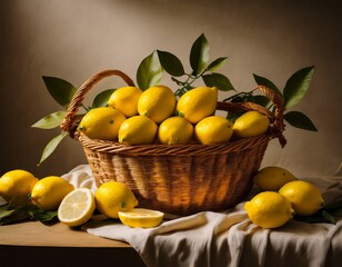 This beautiful image captures a rustic, natural arrangement of fresh lemons