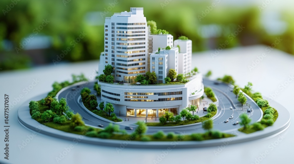 Poster miniature cityscape showcases modern architecture blending with natural green spaces in a circular d