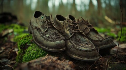 Pile of old shoes covered in mud and moss, forgotten place atmosphere