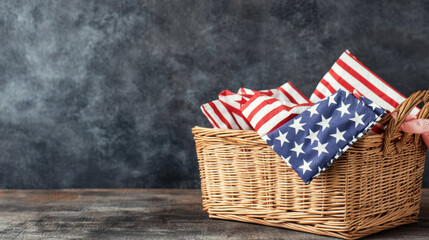 Obraz premium 4th of July celebration with patriotic napkins in wicker basket on rustic wood table, festive and cheerful holiday decor