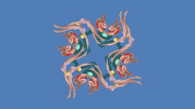 Stop motion. Animation. Red and lilac swimmers curled and extended in symmetrical floral illusion across floating blue canvas. Concept of summer, vacation, holidays, sport, fashion and style.