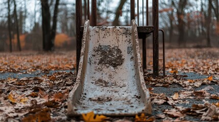 Rusty playground slide covered in dirt and leaves, childhood in disrepair
