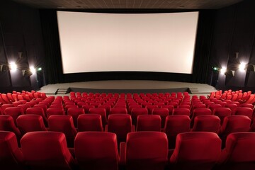 Fototapeta premium Empty Cinema Auditorium with Red Seats and Blank Screen — Modern Theater Interior