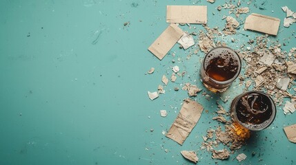 Sticky floor with spilled soda, crumbs, and old receipts, unclean lifestyle symbol
