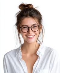 Fototapeta premium Stylish Young Woman with Glasses Smiling Brightly