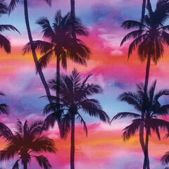 Obraz premium Vibrant sunset palm tree silhouette seamless pattern tropical summer design