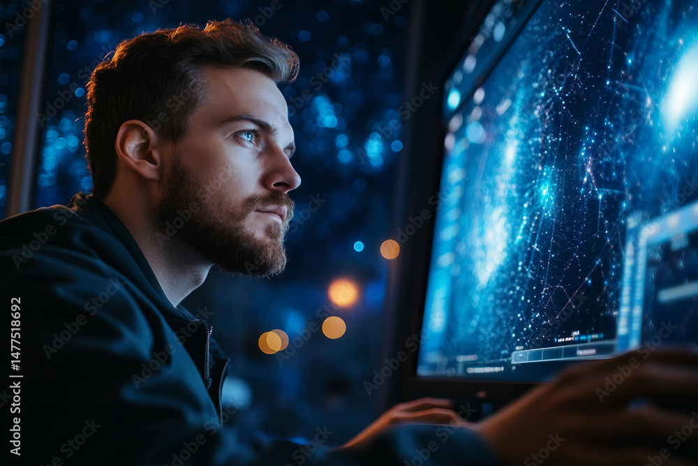 Poster scientist working with telescope during astronomy and space research project at night using generati