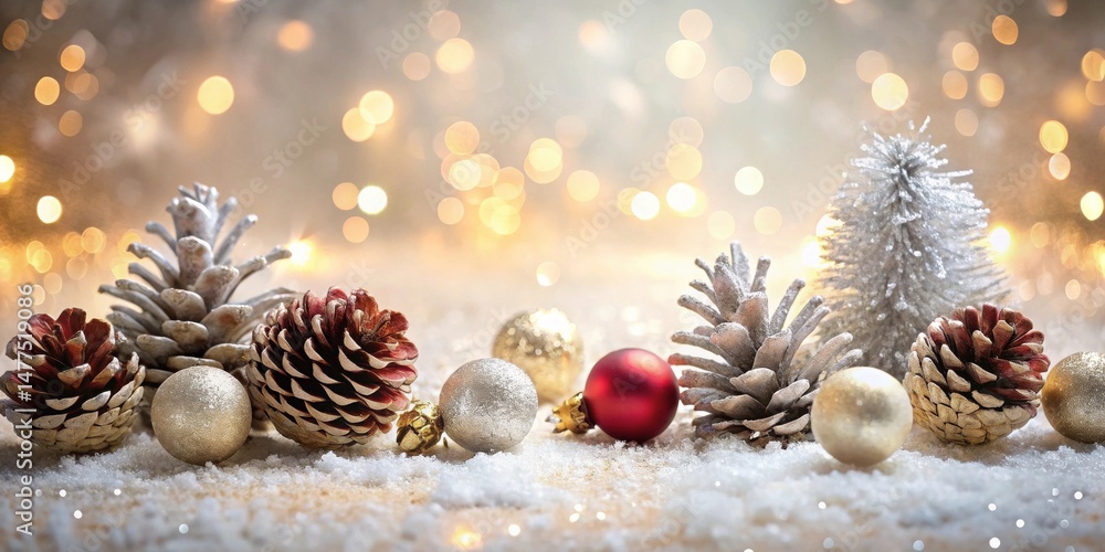 Poster festive winter arrangement with pine cones and sparkling ornaments on a snowy surface, illuminated b