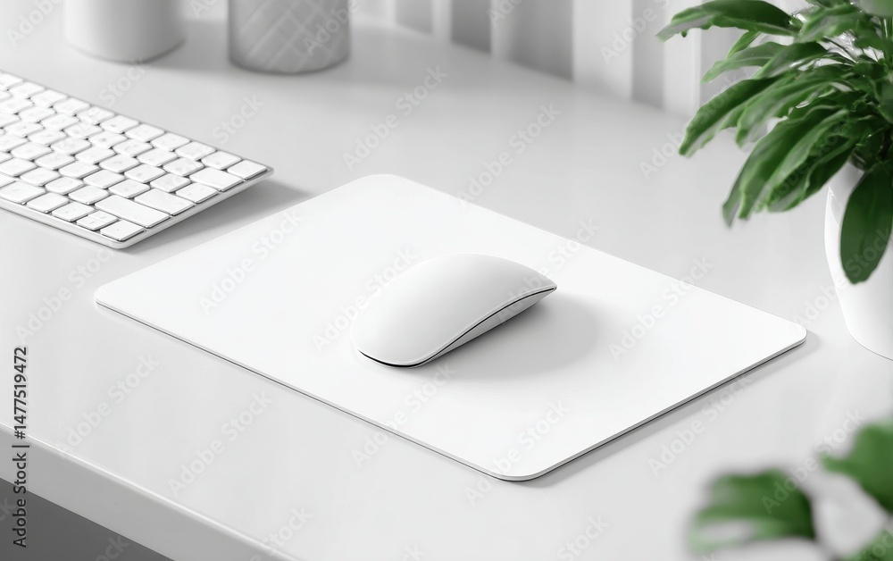 Poster minimalistic workspace featuring a white mouse on a clean desk with a keyboard and plant