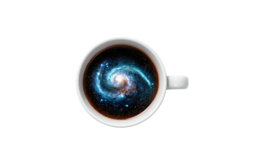 Cosmic Coffee: Topdown view of a white coffee cup filled with a vibrant galaxy, symbolizing dreams, imagination, and the universe within a morning beverage