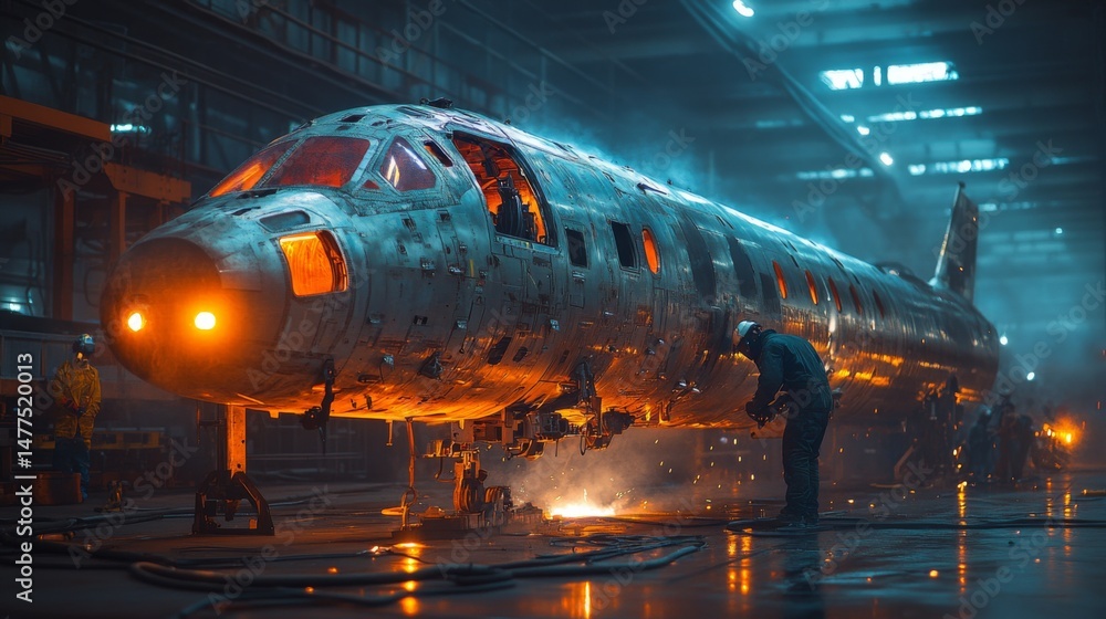 Aufkleber workers meticulously restore an aircraft in a construction facility at dusk, utilizing advanced meta