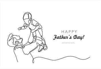 Fototapeta na wymiar Father's Day greeting card. Continuous single drawn one line dad tosses a toddler. Father with son vector illustration. Editable stroke. 