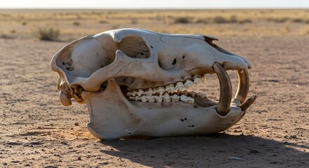 Obraz premium Animal Skull on Dry Ground Closeup in Desert Landscape