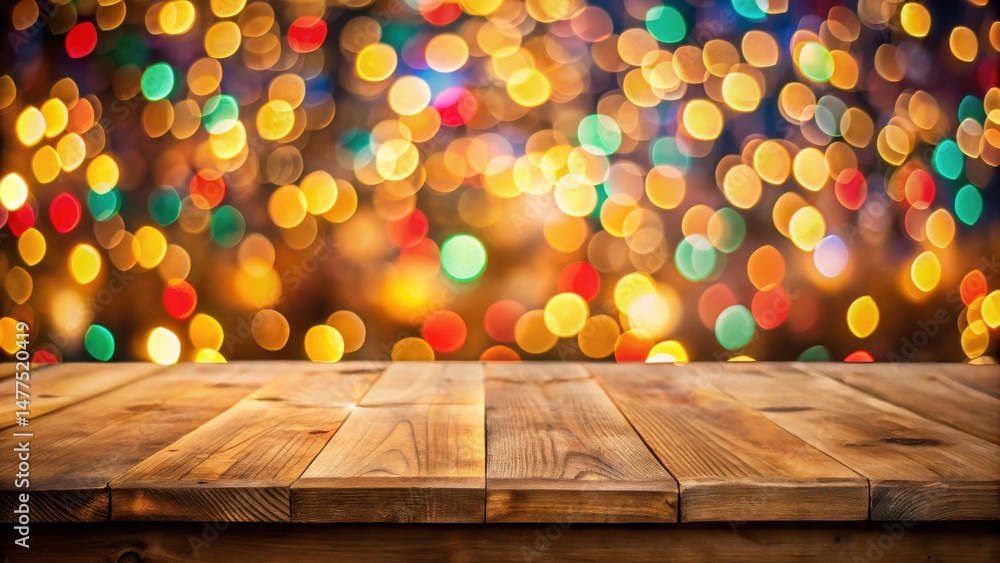 Poster warm festive wooden tabletop against a sparkling bokeh background ideal for product displays and hol