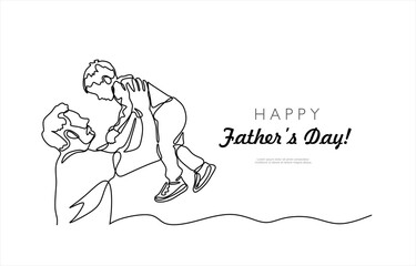 Father's Day greeting card. Continuous single drawn one line dad tosses a toddler. Father with son vector illustration. Editable stroke.
