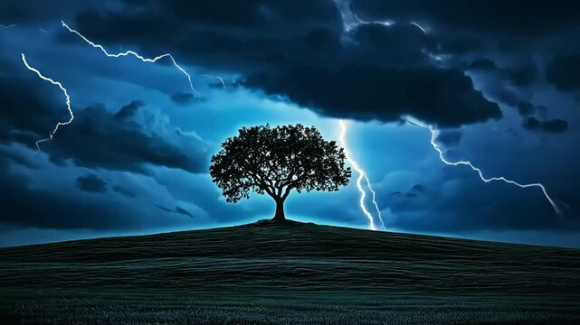 Lone tree on hill during dramatic lightning storm. Dark, moody scene of resilience against powerful forces of nature