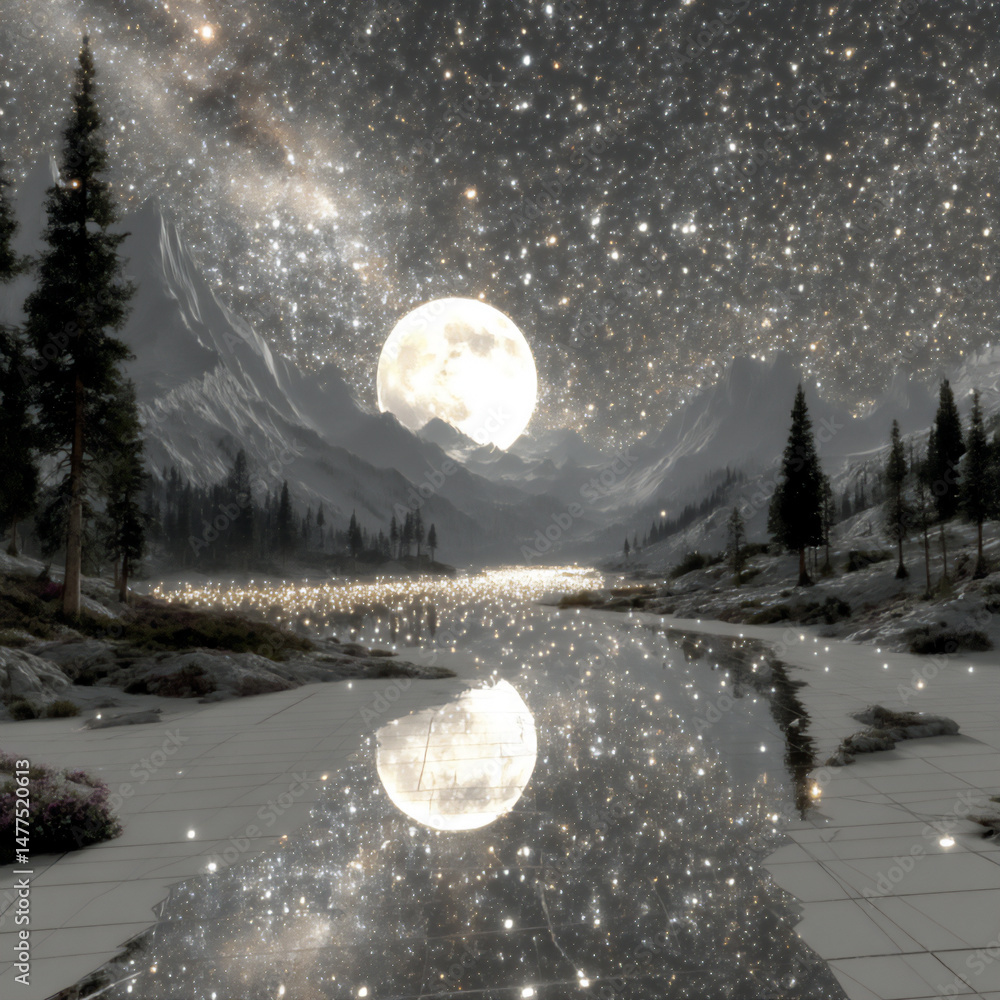 Poster an enigmatic 3d rendering of the surreal floating islands and grid landscape under a starlit night s
