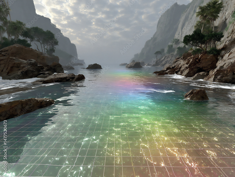 Poster an ethereal 3d rendering of the surreal landscape with a translucent, shimmering grid plane and soft