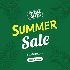 Summer Sale Banner with Palm Leaves and 50% Off Special Offer Tag Green Background