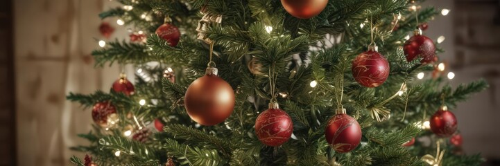 Obraz premium Close-up of decorated Christmas tree branches, twinkling lights, ornaments , garland, classic