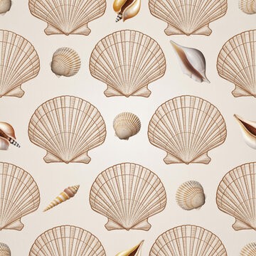 Seashells seamless pattern with scallop and cone shells for summer background design