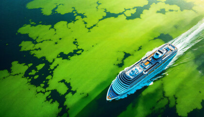 An overhead perspective capturing a cruise ship gliding through waters, creating a beautiful contrast with the surrounding natural element.