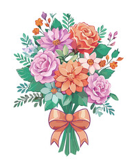 A vibrant floral bouquet with a beautiful ribbon, perfect for any occasion. The bouquet is filled with various types of colorful blooms, creating a stunning arrangement
