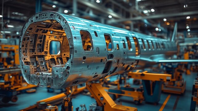 A large assembly of an aircraft fuselage made of metal is in progress at a state of the art aerospace manufacturing facility. Workers utilize advanced equipment and tools for construction.