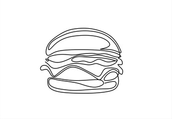 Continuous one line drawing of burger. Single line drawing of hamburger . Silhouette of fast food restaurant burger with cheese, cutlet and salad. Modern design street food logo, banner. Editable	