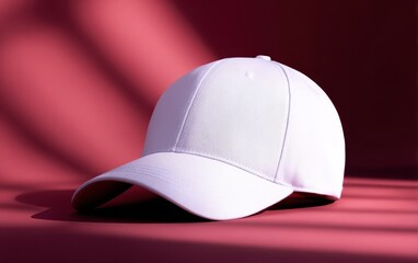 Fototapeta premium Stylish white baseball cap resting on a pink surface with soft shadows, ideal for fashion shoots
