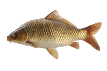 Closeup studio shot of a single common carp fish with golden scales on a transparent background vector, showcasing freshwater wildlife and angling
