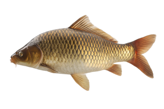 Closeup studio shot of a single common carp fish with golden scales on a transparent background vector, showcasing freshwater wildlife and angling