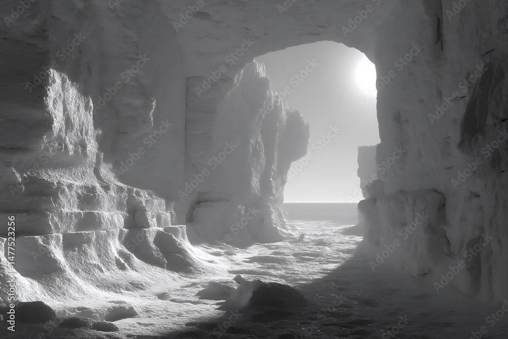 Poster a 3d rendering of a section of an iceberg illuminated by a bright light source, creating dramatic hi