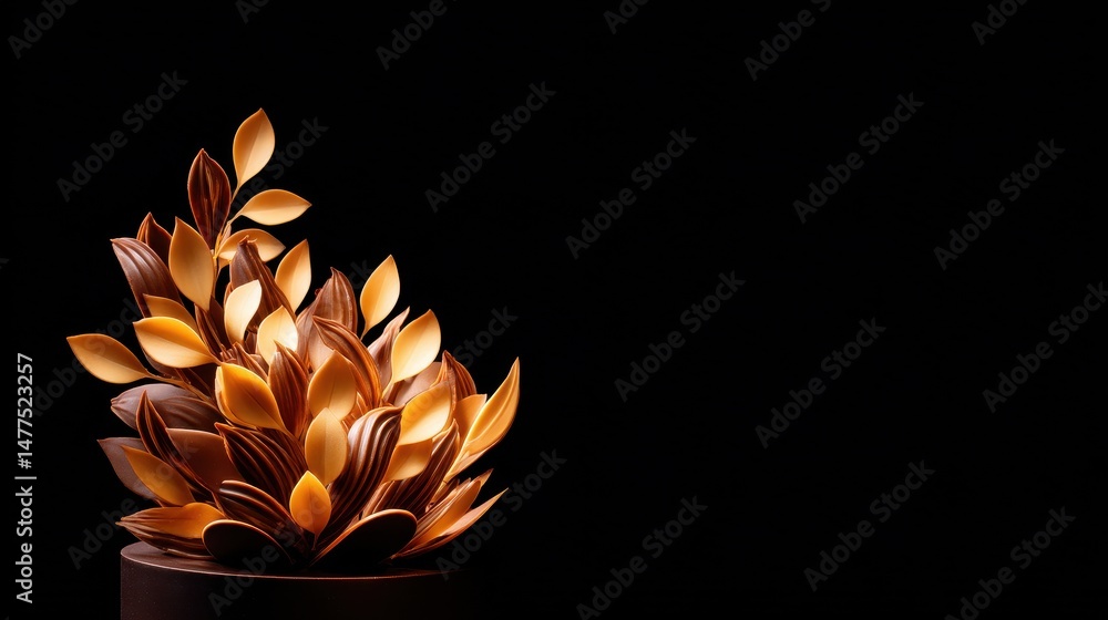Poster artistic arrangement of illuminated leaves in a dark setting, showcasing intricate design and textur