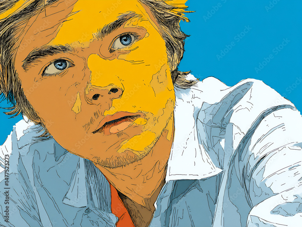 Poster a minimalist digital illustration of the same young man using simple lines and flat colors against a