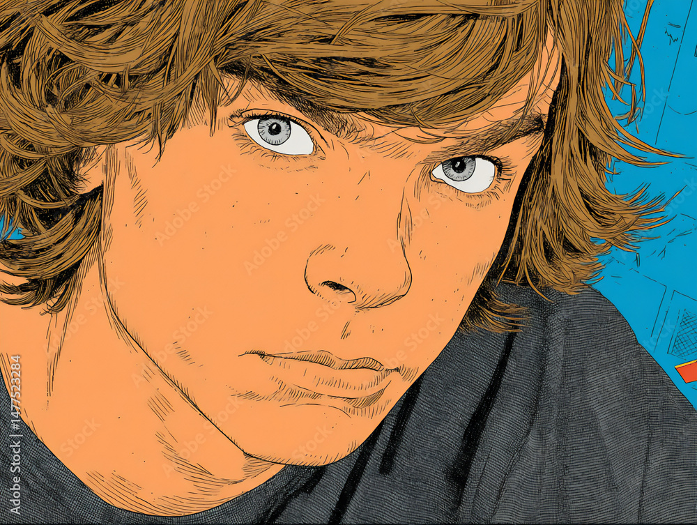 Poster a pixel art-style digital illustration of the same young man with a limited color palette and blocky