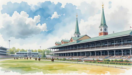 Watercolor Illustration of Churchill Downs and Kentucky Derby Twin Spires