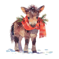 Cute donkey wearing a red scarf with holiday decorations stands in the snow surrounded by falling snowflakes