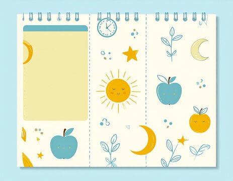 Health info tips concept. Colorful illustrated notebook with sun, moon, apples, and stars.