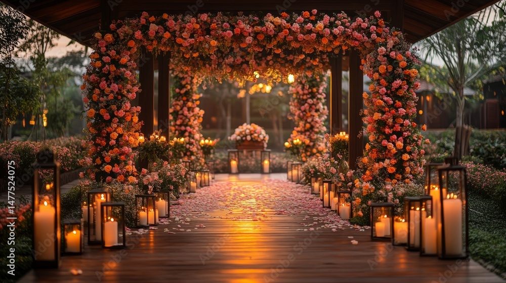 Aufkleber an enchanting outdoor setting with a floral archway adorned in blooms, illuminated lanterns, and a p
